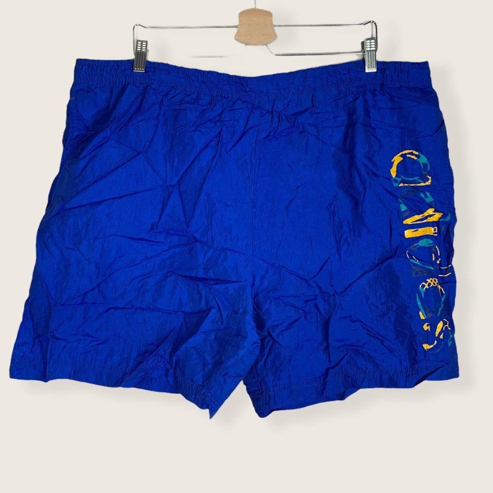 Adidas Vintage Running Shorts Blue Graphic Logo Nylon Drawstring Mens Size XL